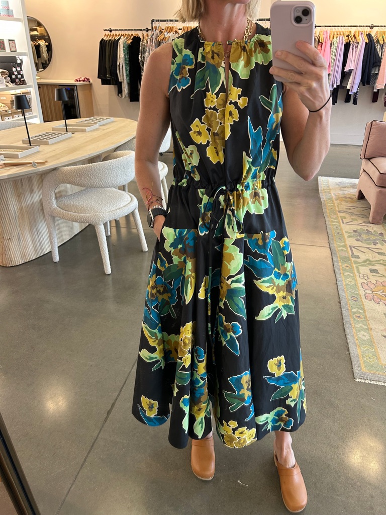 Nwt Psophia Sleeveless Black Midi Dress With Blue & Yellow Floral Print
